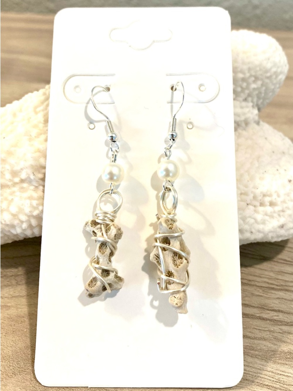14. Handmade White Florida Bush Coral and Pearl Drop Earrings